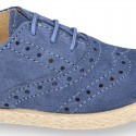 SUEDE LEATHER Laces up shoes espadrille style in navy blue color.