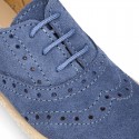 SUEDE LEATHER Laces up shoes espadrille style in navy blue color.