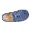 SUEDE LEATHER Laces up shoes espadrille style in navy blue color.