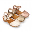 Soft Pearl Nappa Leather wooden Girl Sandal shoes CLOG style with chopped design.