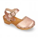 Soft Pearl Nappa Leather wooden Girl Sandal shoes CLOG style with chopped design.