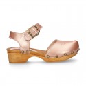 Soft Pearl Nappa Leather wooden Girl Sandal shoes CLOG style with chopped design.