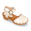 Soft Pearl Nappa Leather wooden Girl Sandal shoes CLOG style with chopped design.