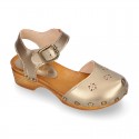 Soft Pearl Nappa Leather wooden Girl Sandal shoes CLOG style with chopped design.