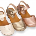 Soft Pearl Nappa Leather wooden Girl Sandal shoes CLOG style with chopped design.