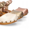 Soft Pearl Nappa Leather wooden Girl Sandal shoes CLOG style with chopped design.