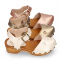 Soft Pearl Nappa Leather wooden Girl Sandal shoes CLOG style with chopped design.