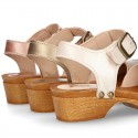 Soft Pearl Nappa Leather wooden Girl Sandal shoes CLOG style with chopped design.