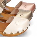 Soft Pearl Nappa Leather wooden Girl Sandal shoes CLOG style with chopped design.