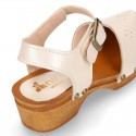 Soft Pearl Nappa Leather wooden Girl Sandal shoes CLOG style with chopped design.