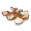 Soft Pearl Nappa Leather wooden Girl Sandal shoes CLOG style with chopped design.