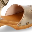 Soft Pearl Nappa Leather wooden Girl Sandal shoes CLOG style with chopped design.