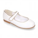 Girl Mary Jane shoes with hook and loop strap closure with button and with golden detail in PEARL NAPPA leather.