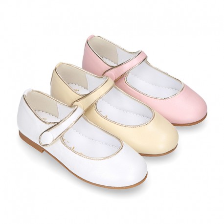 Girl Mary Jane shoes with hook and loop strap closure with button and with golden detail in PEARL NAPPA leather.