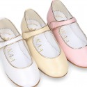 Girl Mary Jane shoes with hook and loop strap closure with button and with golden detail in PEARL NAPPA leather.