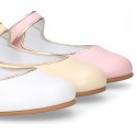 Girl Mary Jane shoes with hook and loop strap closure with button and with golden detail in PEARL NAPPA leather.