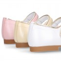 Girl Mary Jane shoes with hook and loop strap closure with button and with golden detail in PEARL NAPPA leather.