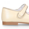 Girl Mary Jane shoes with hook and loop strap closure with button and with golden detail in PEARL NAPPA leather.