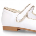 Girl Mary Jane shoes with hook and loop strap closure with button and with golden detail in PEARL NAPPA leather.