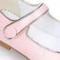 Girl Mary Jane shoes with hook and loop strap closure with button and with golden detail in PEARL NAPPA leather.