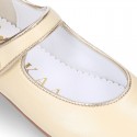 Girl Mary Jane shoes with hook and loop strap closure with button and with golden detail in PEARL NAPPA leather.