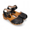 Black Soft Leather wooden Girl Sandal shoes CLOG style with chopped design.