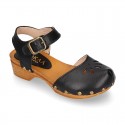 Black Soft Leather wooden Girl Sandal shoes CLOG style with chopped design.