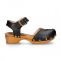 Black Soft Leather wooden Girl Sandal shoes CLOG style with chopped design.