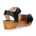 Black Soft Leather wooden Girl Sandal shoes CLOG style with chopped design.