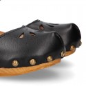 Black Soft Leather wooden Girl Sandal shoes CLOG style with chopped design.