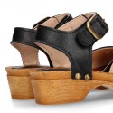 Black Soft Leather wooden Girl Sandal shoes CLOG style with chopped design.