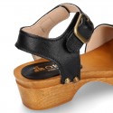 Black Soft Leather wooden Girl Sandal shoes CLOG style with chopped design.