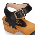 Black Soft Leather wooden Girl Sandal shoes CLOG style with chopped design.