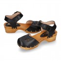 Black Soft Leather wooden Girl Sandal shoes CLOG style with chopped design.