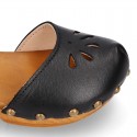 Black Soft Leather wooden Girl Sandal shoes CLOG style with chopped design.