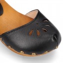 Black Soft Leather wooden Girl Sandal shoes CLOG style with chopped design.