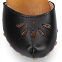 Black Soft Leather wooden Girl Sandal shoes CLOG style with chopped design.