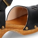 Black Soft Leather wooden Girl Sandal shoes CLOG style with chopped design.