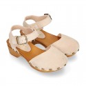 Suede Leather wooden Girl Sandal shoes CLOG style in fashion colors.