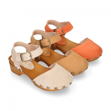 Suede Leather wooden Girl Sandal shoes CLOG style in fashion colors.