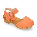 Suede Leather wooden Girl Sandal shoes CLOG style in fashion colors.