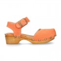 Suede Leather wooden Girl Sandal shoes CLOG style in fashion colors.