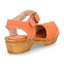 Suede Leather wooden Girl Sandal shoes CLOG style in fashion colors.