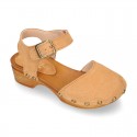 Suede Leather wooden Girl Sandal shoes CLOG style in fashion colors.