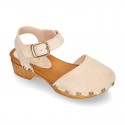 Suede Leather wooden Girl Sandal shoes CLOG style in fashion colors.