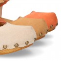 Suede Leather wooden Girl Sandal shoes CLOG style in fashion colors.