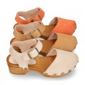 Suede Leather wooden Girl Sandal shoes CLOG style in fashion colors.