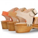 Suede Leather wooden Girl Sandal shoes CLOG style in fashion colors.