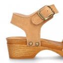 Suede Leather wooden Girl Sandal shoes CLOG style in fashion colors.