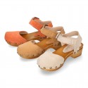 Suede Leather wooden Girl Sandal shoes CLOG style in fashion colors.